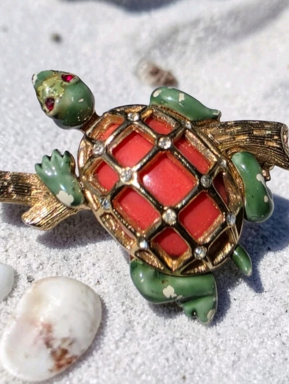 Vintage HAR Turtle on Log Whimsical Brooch Caged Coral Shell Rhinestones Signed